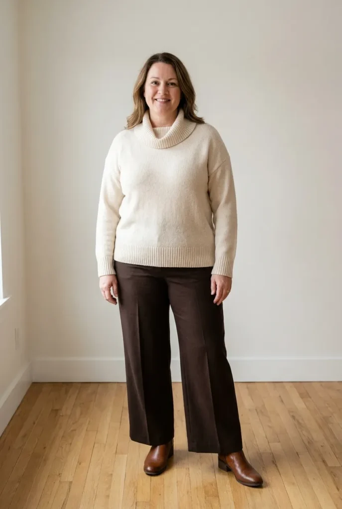 Cowl-Neck Knit and Dark Trousers