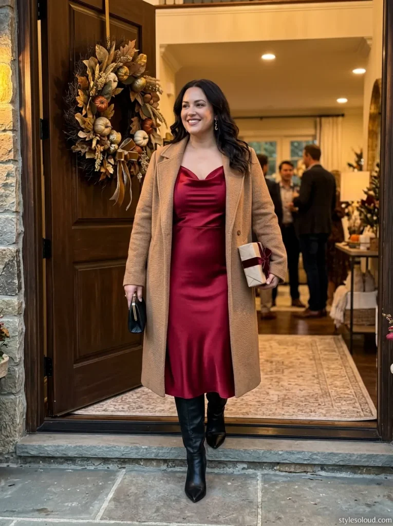 Cranberry Cowl-Neck Bias-Cut Satin Midi Layered under a Tailored Camel Wool Coat