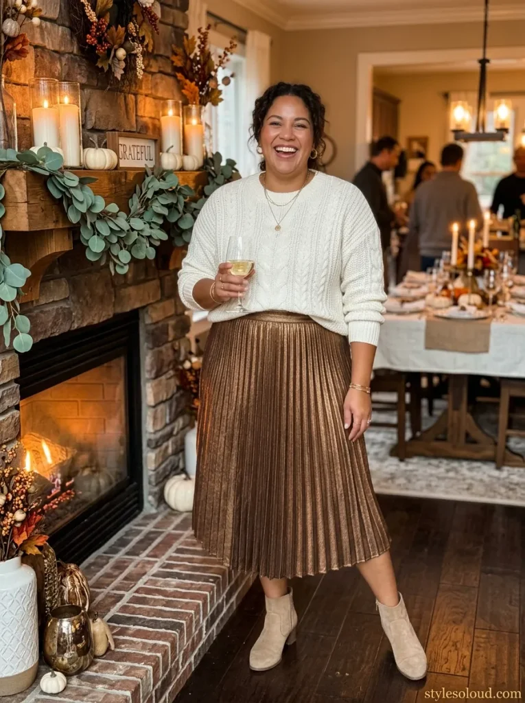 Cream Chunky Cable-Knit Sweater French-Tucked into a Metallic Bronze Accordion Midi Skirt