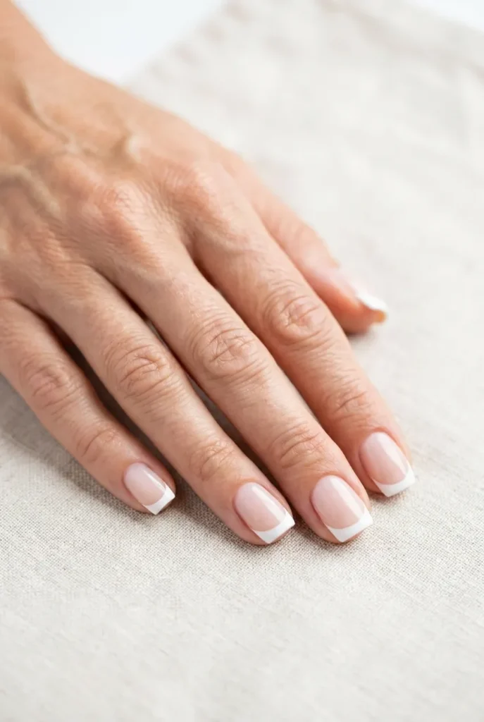 Crisp white tip over nude nails design