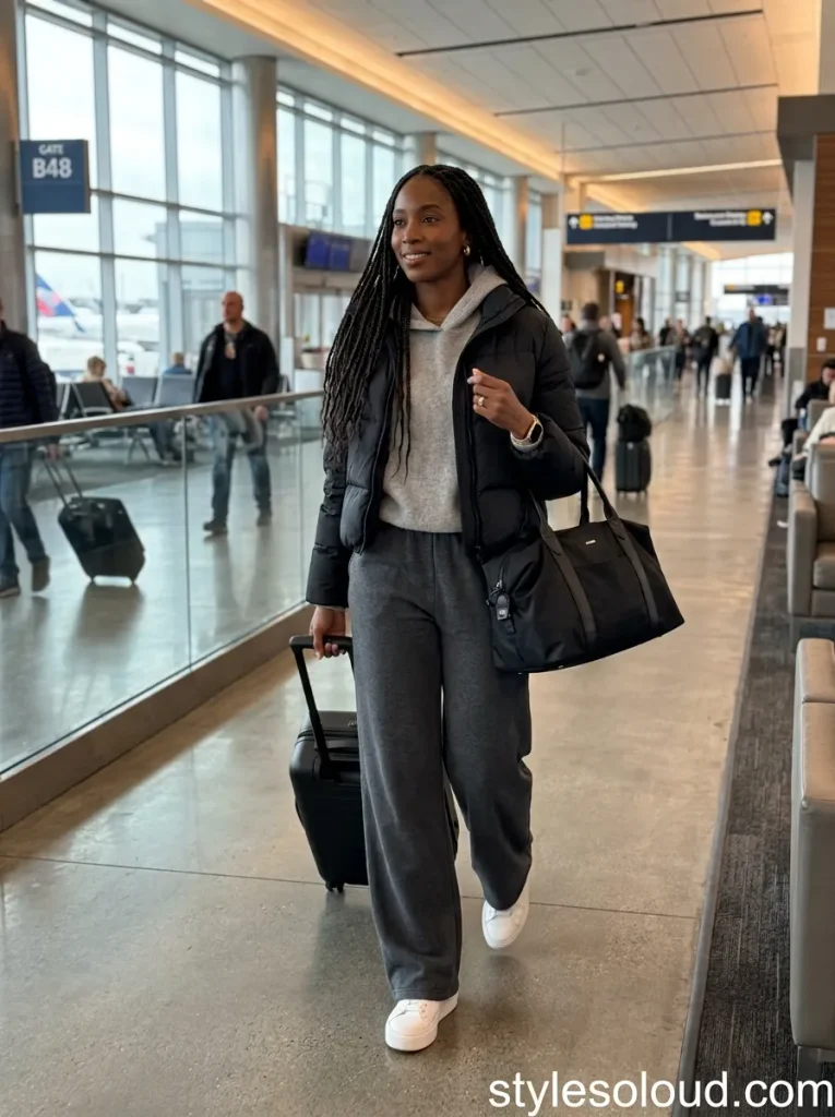Cropped Black Puffer & Wide-Leg Sweatpants
