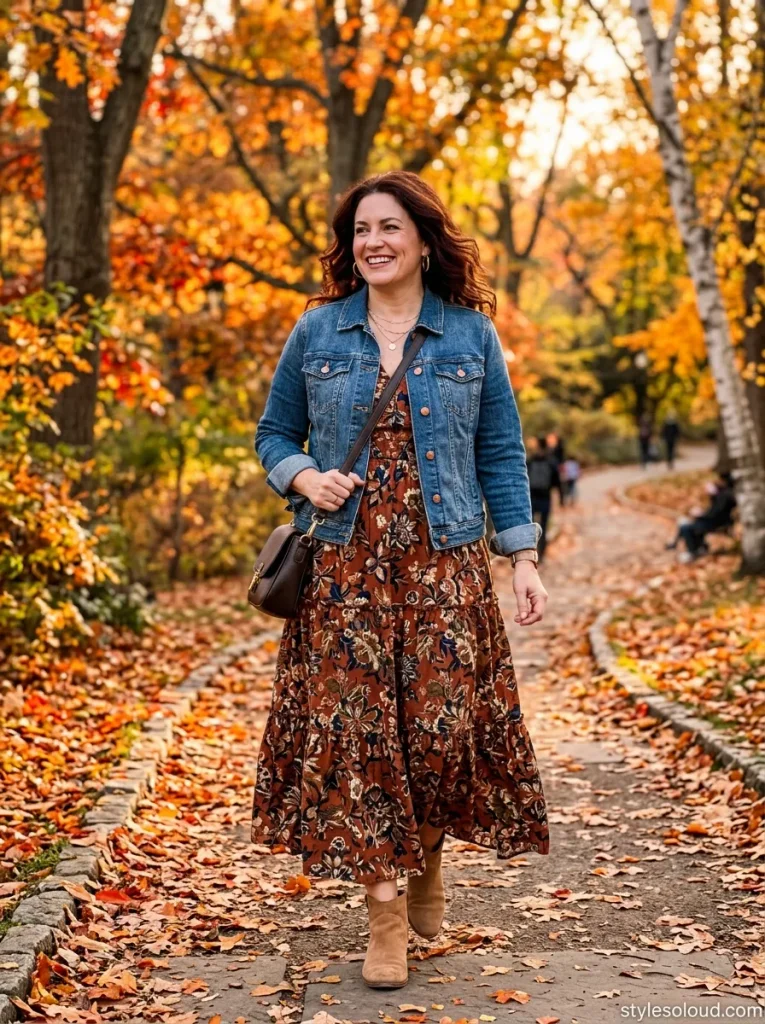 Cropped Denim Jacket over a Tiered Floral Maxi Dress