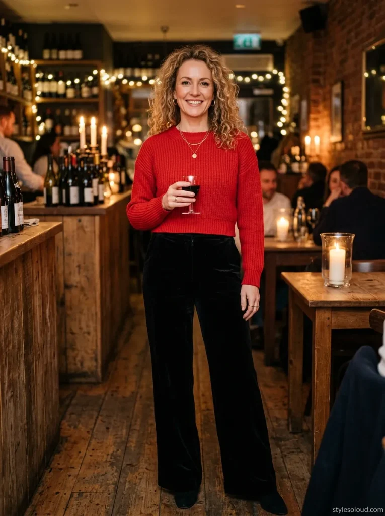 Cropped Red Knit & High-Waisted Velvet Trousers