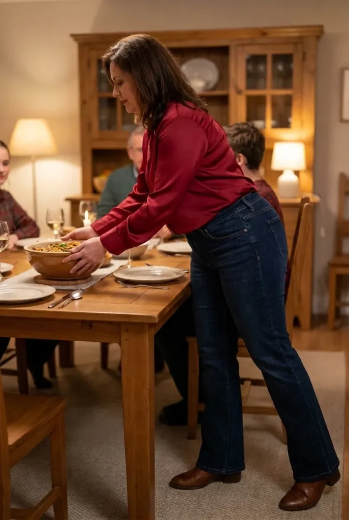 Dark bootcut jeans with dressy blouse — deep indigo denim, ruby blouse