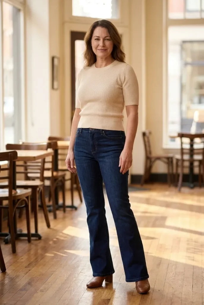 Dark bootcut jeans with heeled boot — deep indigo denim