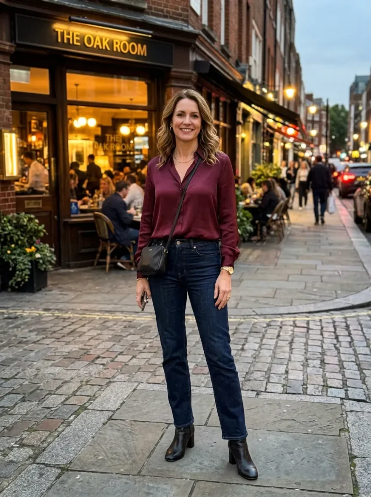 Dark Denim and a Silk Blouse for Dinner