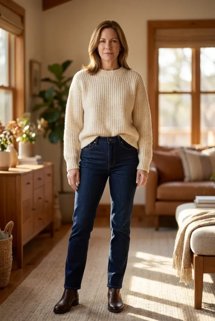 Dark jeans with chunky sweater — cream sweater, indigo jeans Winter Outfits for women over 40