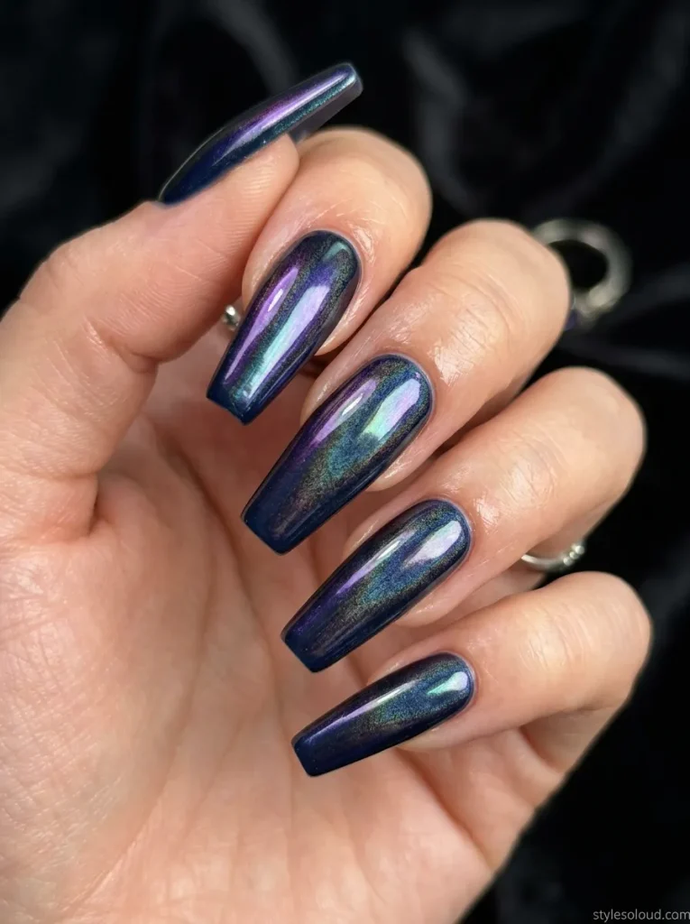 Deep Navy Oil Slick Holographic Nails