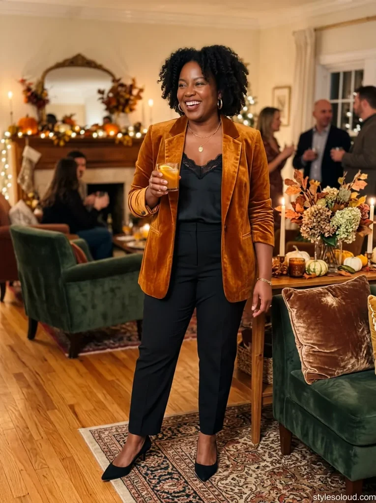 Deep Ochre Velvet Blazer Layered over a Black Lace-Trim