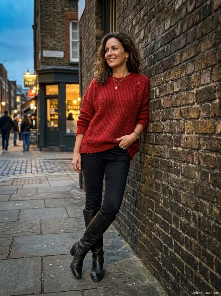  Distressed Red Knit & Black Denim with Knee-High Boots