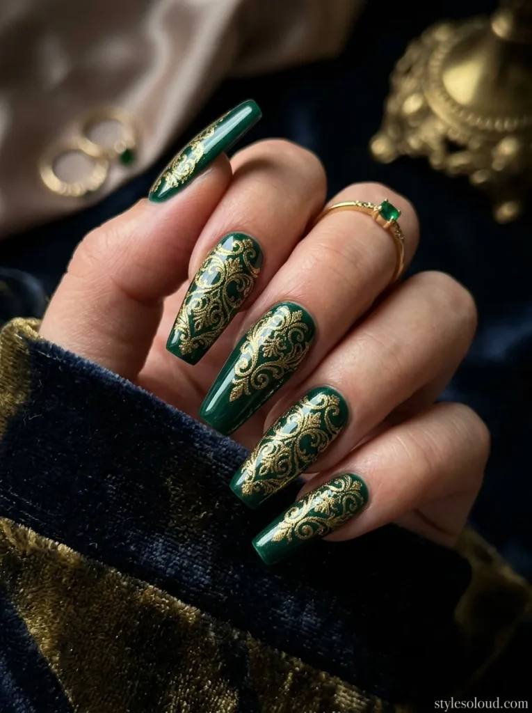 Emerald Green Base with Fine Gold Lace Stenciling