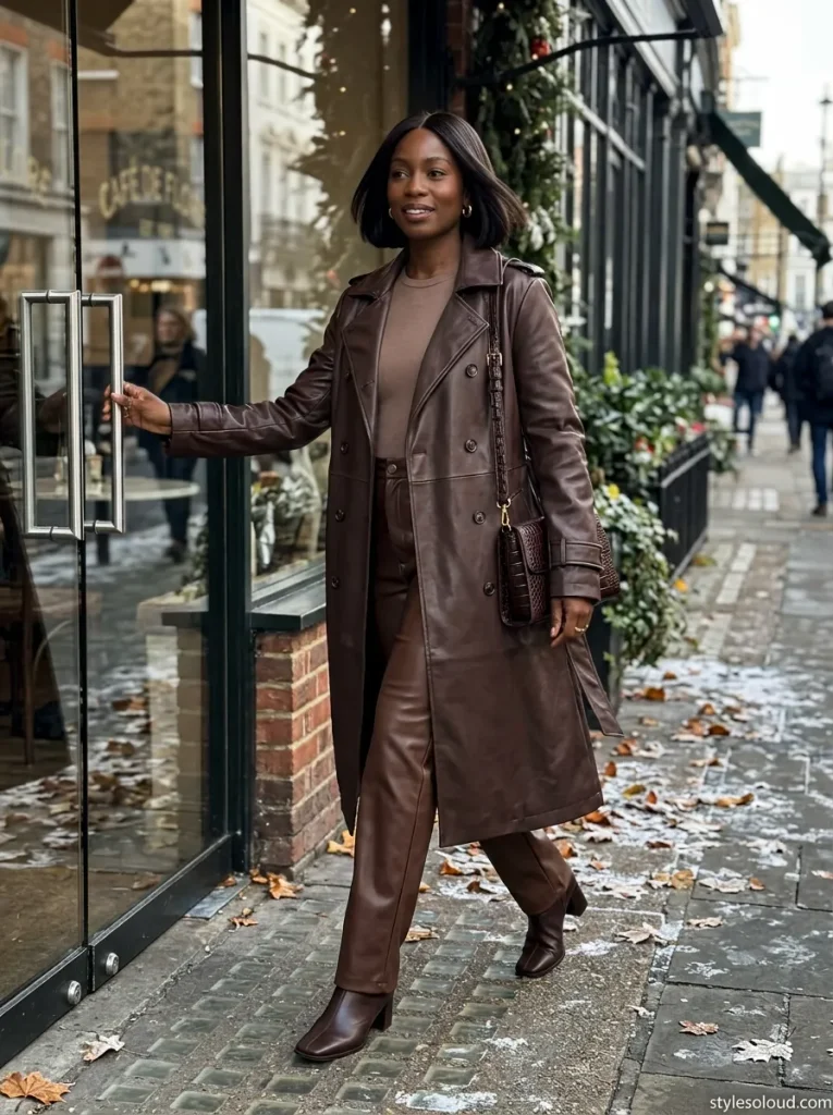 Espresso Leather Trench & Straight Trousers