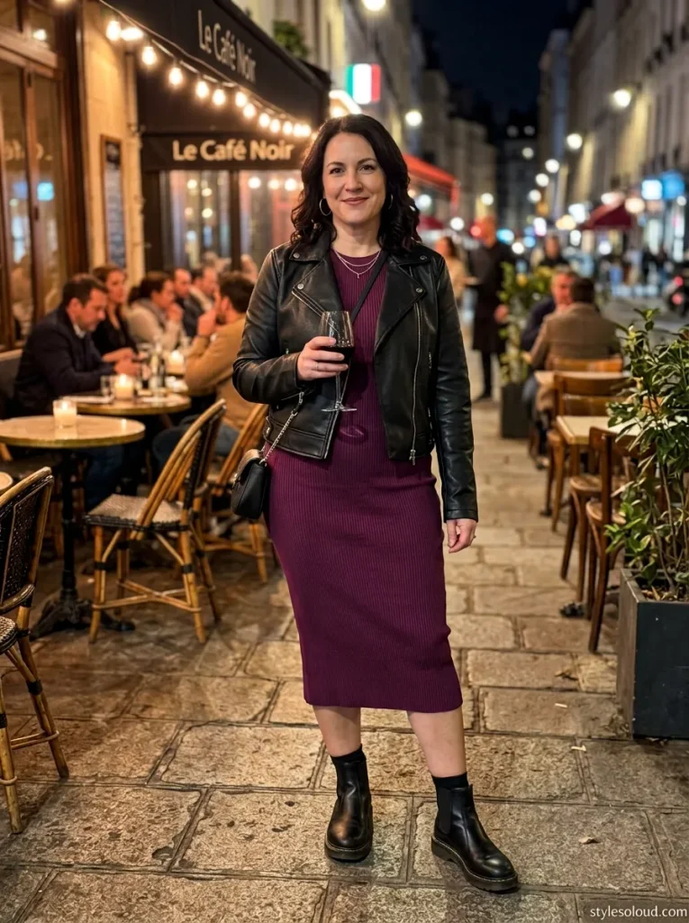Faux-Leather Moto Jacket over a Ribbed Knit Midi Dress