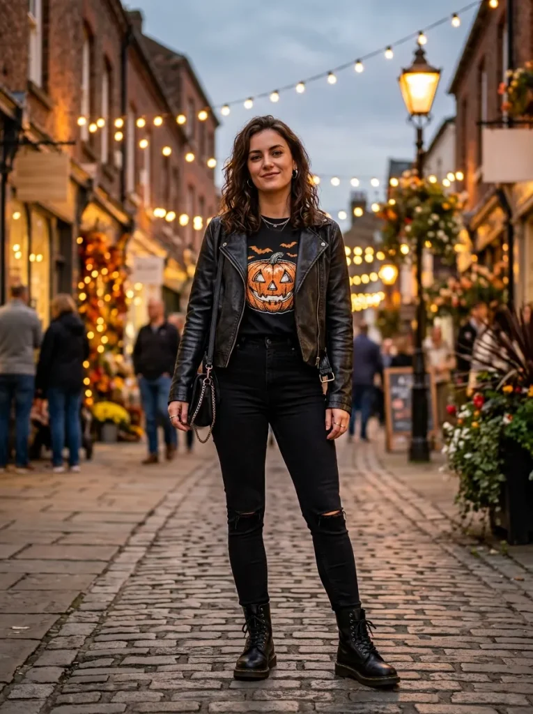 A Faux-Leather Jacket Over a Spooky Graphic Tee