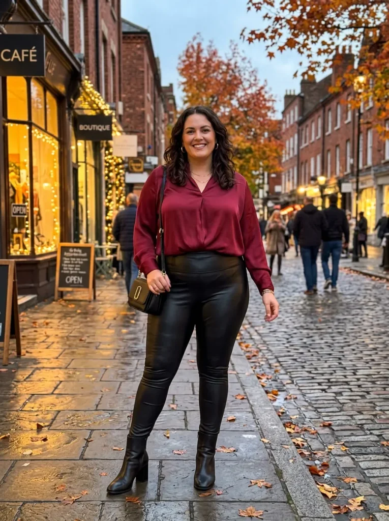 Faux-Leather Leggings With a Silky Tucked Blouse