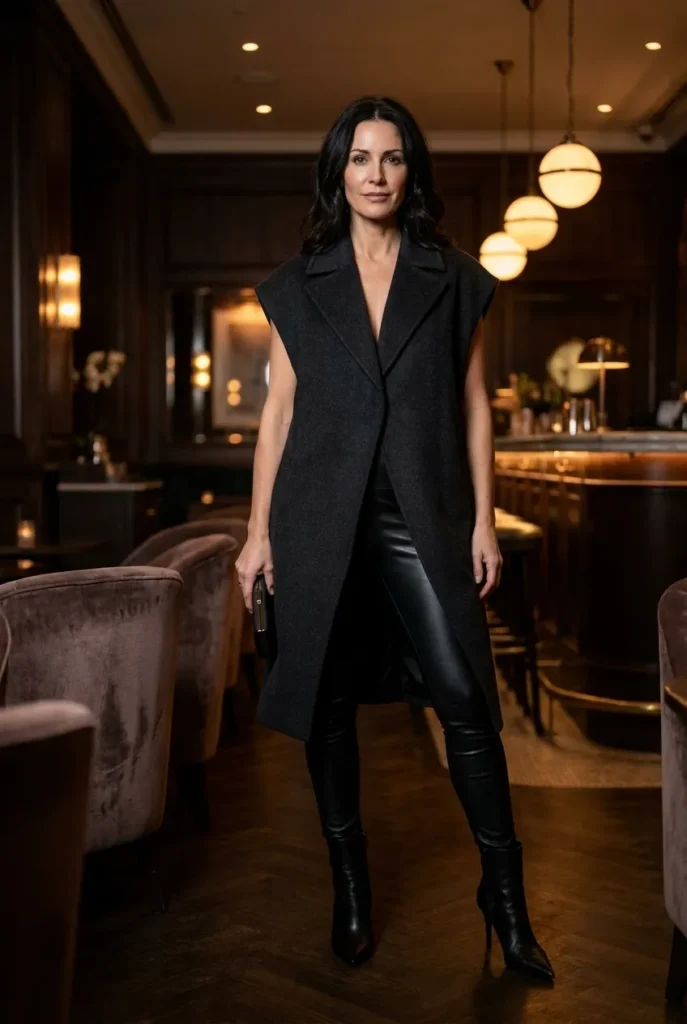 Faux leather leggings for evening — charcoal black vest coat