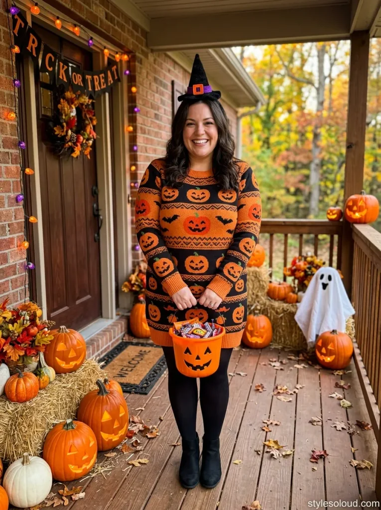 Festive Pumpkin-Print Halloween Sweater Dress
