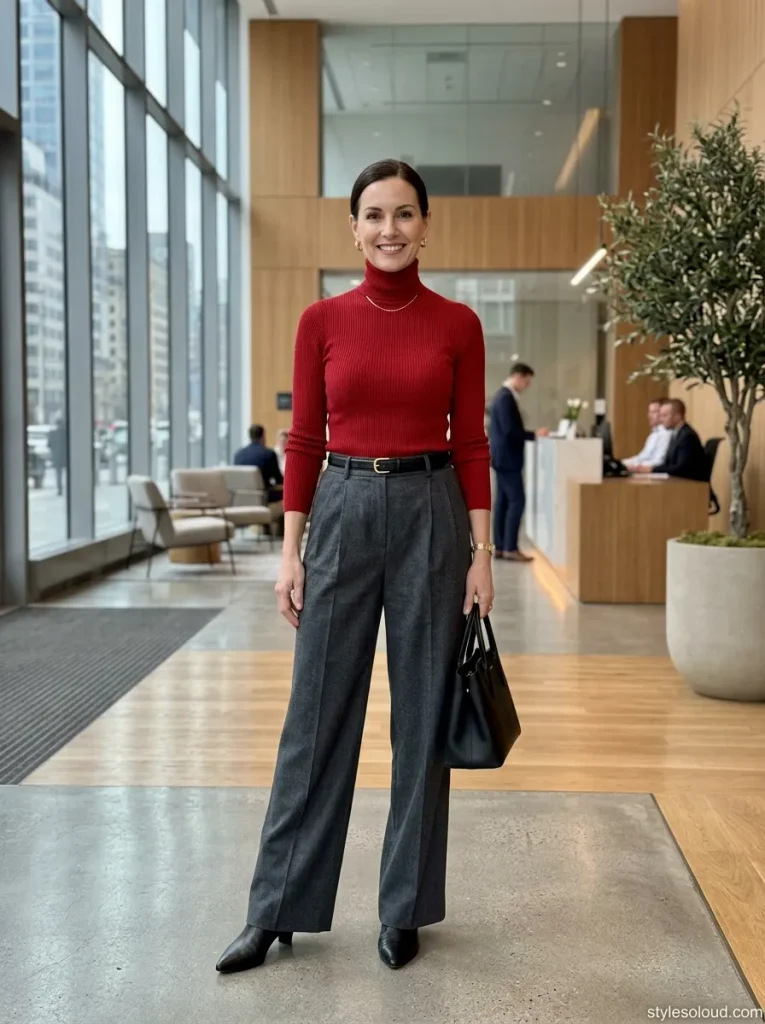  Fitted Red Ribbed Turtleneck & Wide-Leg Wool Trousers
