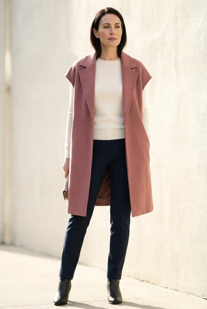 Fitted base, intentional volume — dusty rose vest coat 