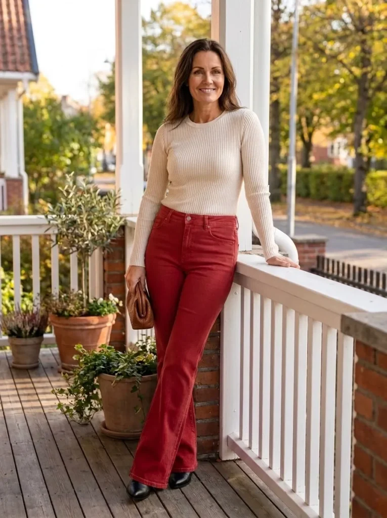 Flared Jeans + Fitted Ribbed Knit