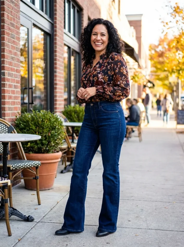 Ground a Fall Floral Blouse with Dark Wash Bootcut Jeans