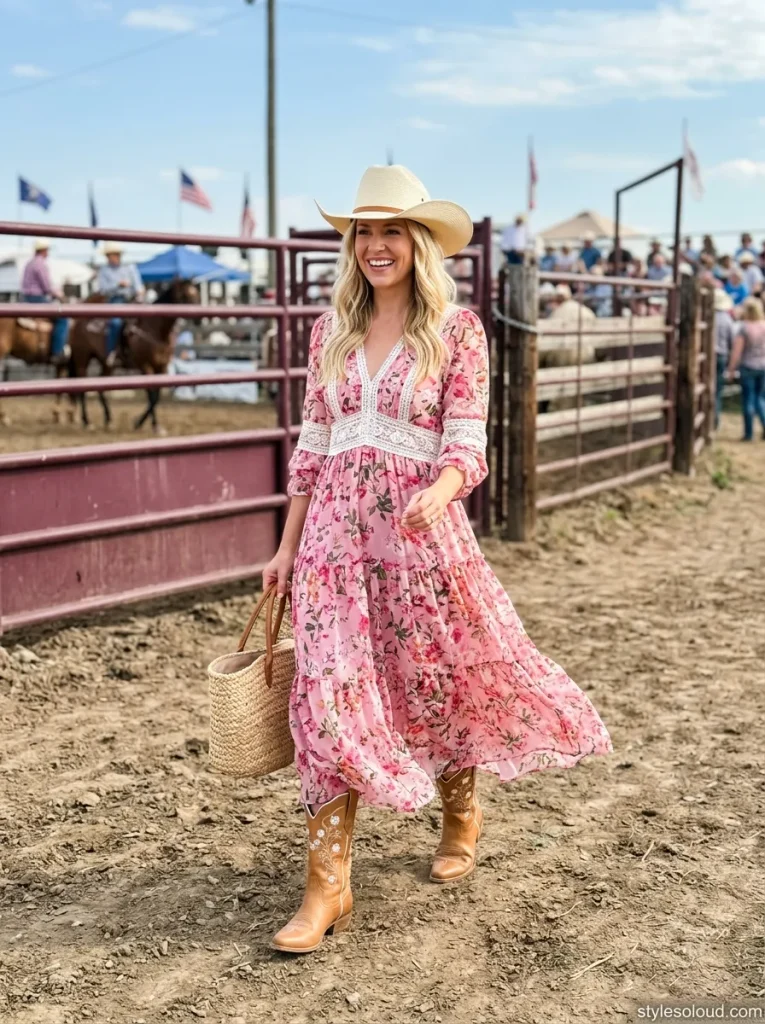 Romantic Pink Floral Tiered Maxi Dress with White Lace Inserts, Cream Straw Cowboy Hat & Tan Western Boots