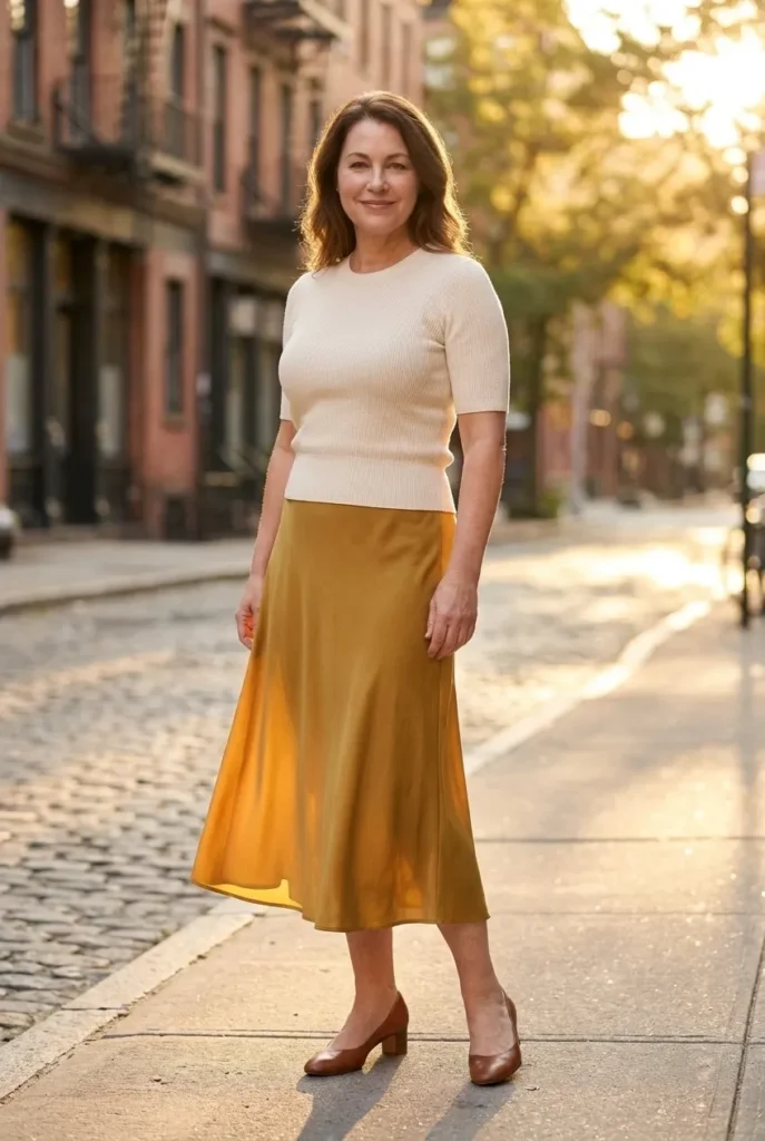 Flowy midi skirt with tucked knit — mustard gold