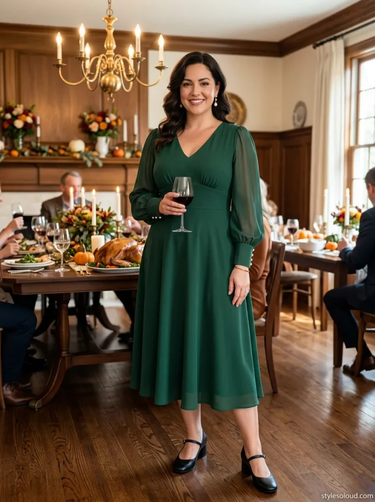 Forest Green Empire-Waist A-Line Dress with Sheer Bishop Sleeves & Mary Jane Block Heels