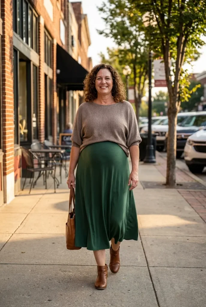 Forest Green Midi Skirt — Taupe Knit