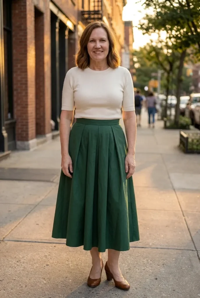  Full or A-line skirt to balance — forest green skirt, ivory top