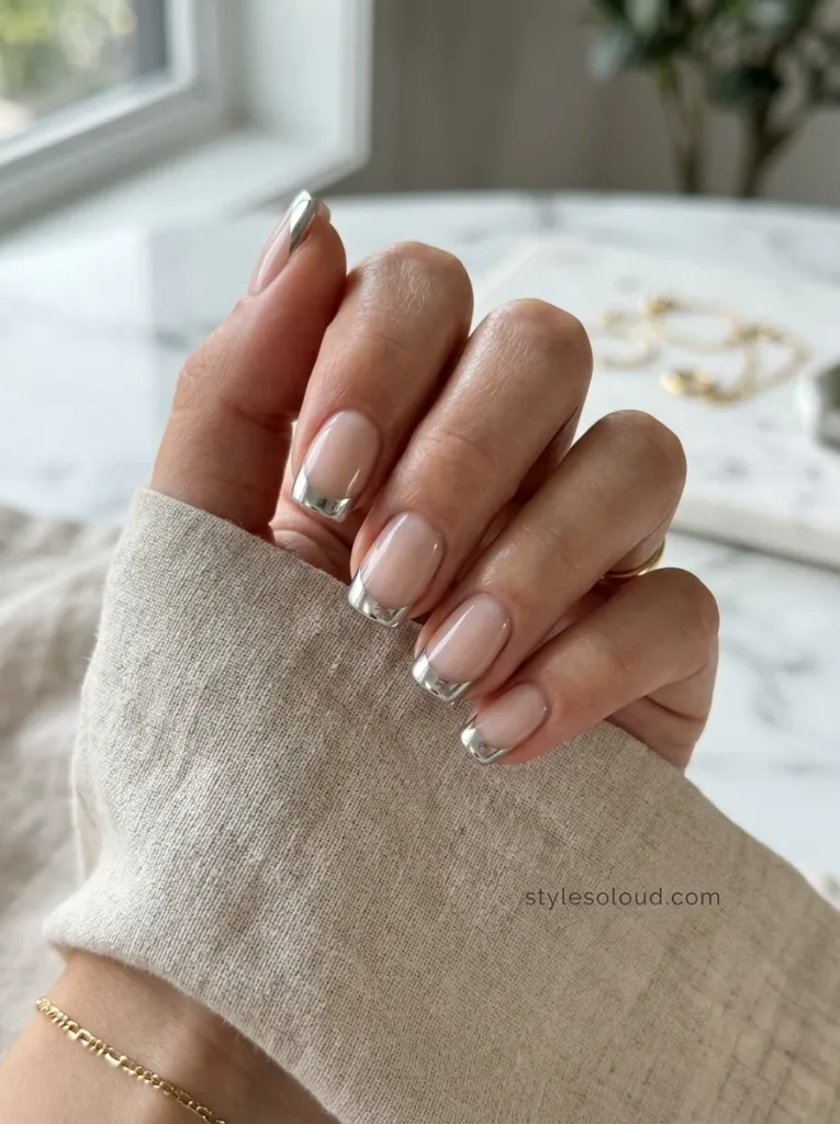 Futuristic Chrome French Tips On Milky Nude