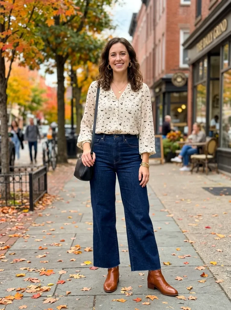 A Ghost-Print Blouse Tucked Into Dark Denim