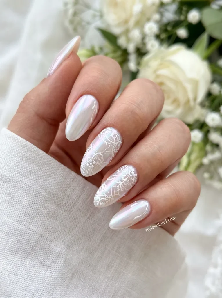 Glazed Pearl Nails with Fine White Lace Details