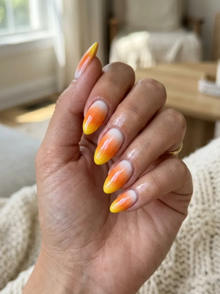 Glazed Glossy Candy-Corn Nails