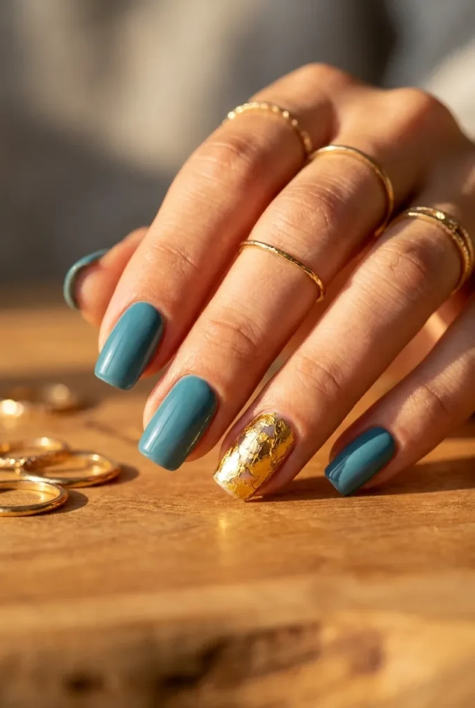 Gold foil accents on blue Nails art