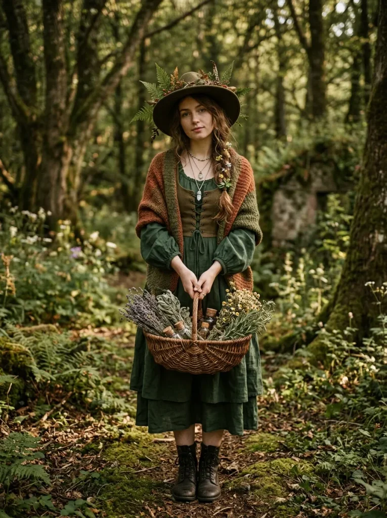 A Green Cottagecore Witch With Herbs and Crystals