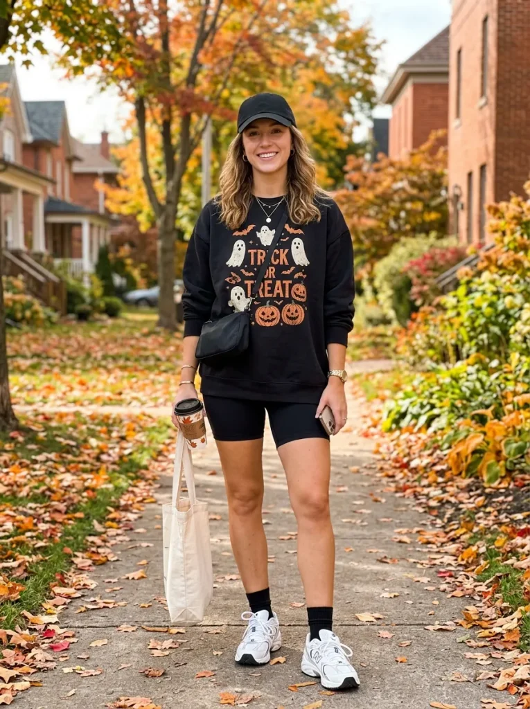 A Halloween Sweatshirt With Bike Shorts for Errands