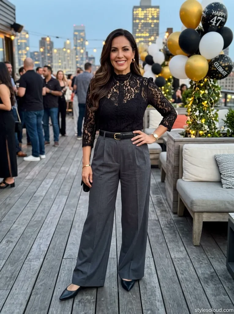 High-Waisted Wide-Leg Trousers and a Festive Top
