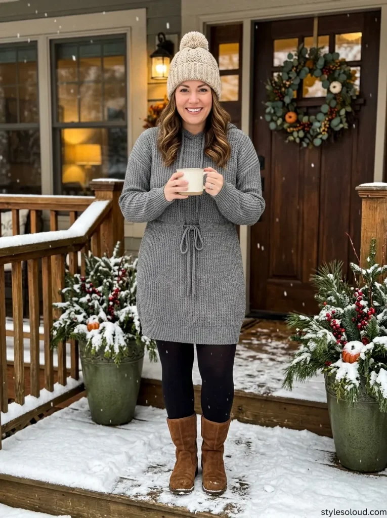 Hooded Heavy-Knit Sweater Dress with an Adjustable Waist Tie, Thermal Tights & Waterproof Suede Booties