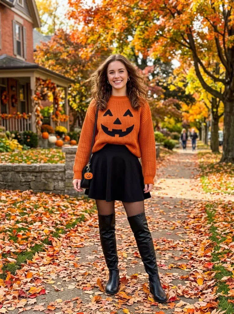 A Jack-o'-Lantern Knit With a Black Skater Skirt