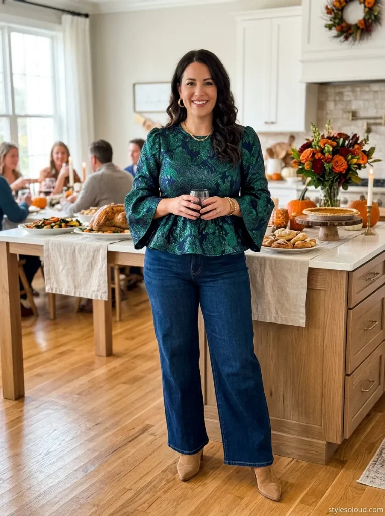 Fluted-Sleeve Jacquard Peplum Blouse with High-Rise Dark-Wash Tailored Trouser Jeans
