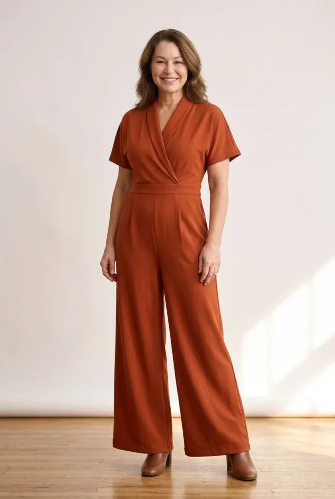 Jumpsuit with defined waist seam — rust orange