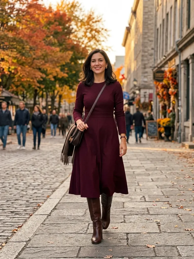 Knee-High Boots Under a Tailored Midi Dress