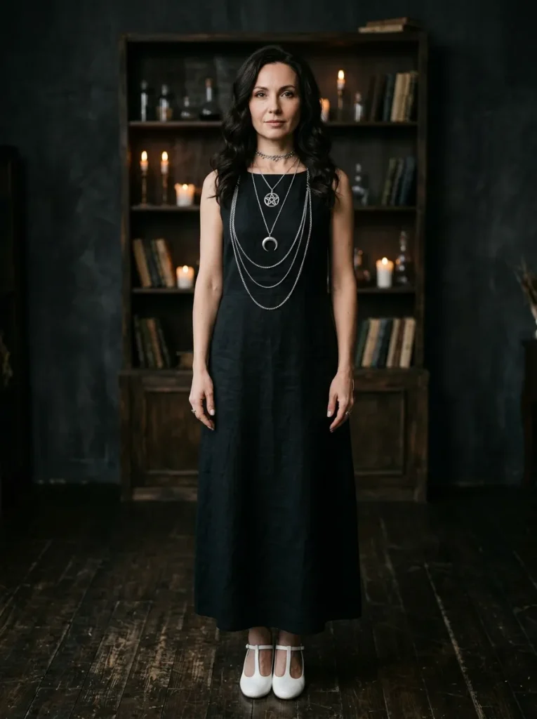 Layered Silver Jewelry: Pentacle, Moons, Chokers