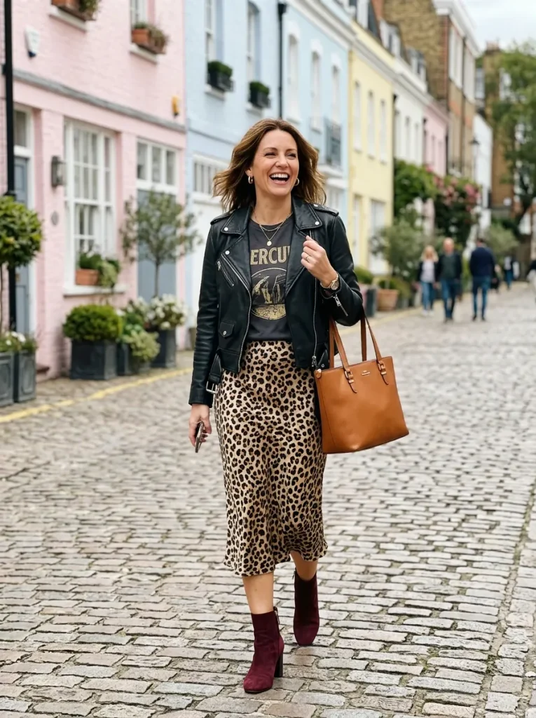 The Leather Jacket Over a Satin Midi Skirt