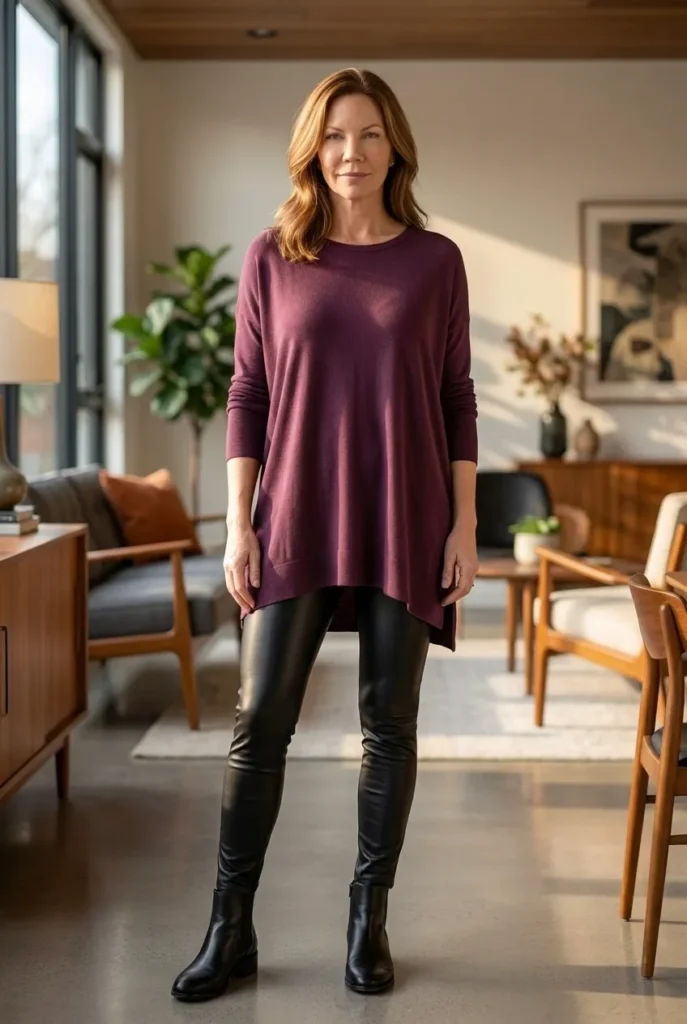 Leather leggings with tunic — plum tunic, black leggings Winter Outfits for women over 40