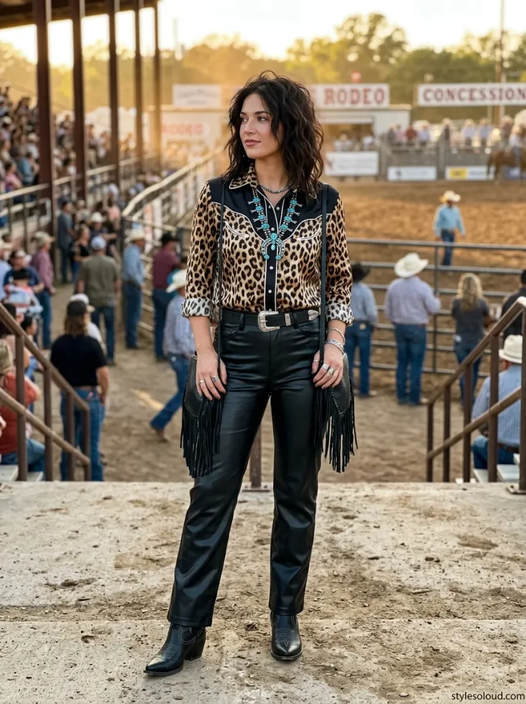 Leopard Western Blouse & Leather Pants