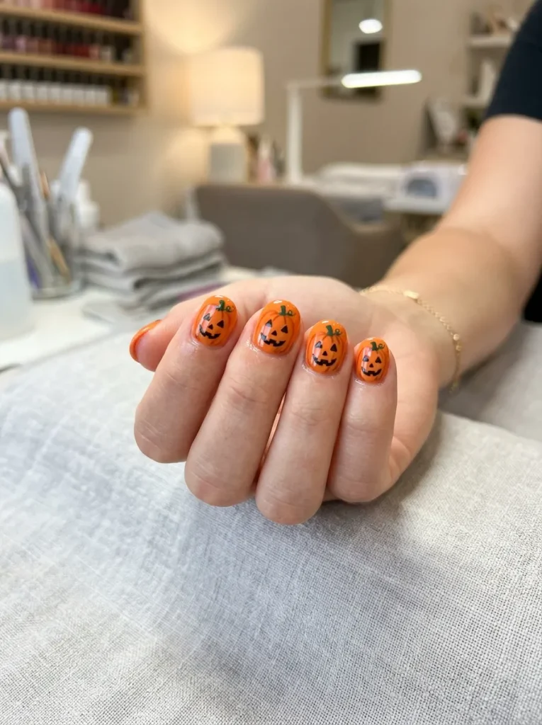 Little Pumpkin Faces on Short Nails