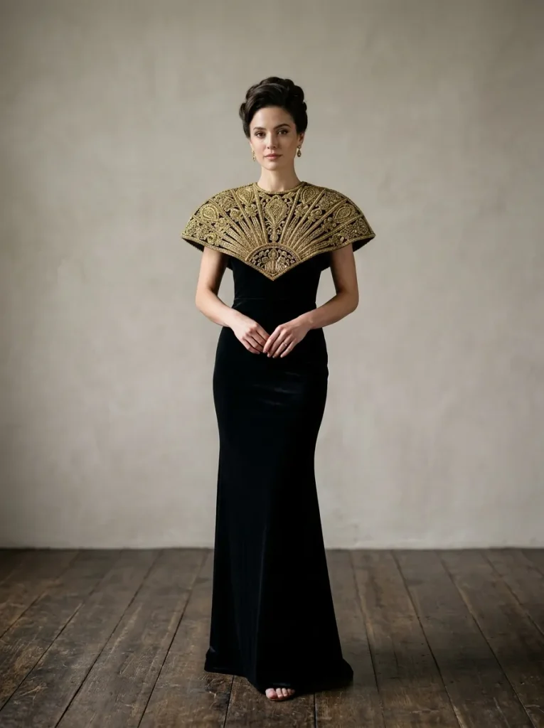 A Long Black Velvet Gown With a Gold Collar