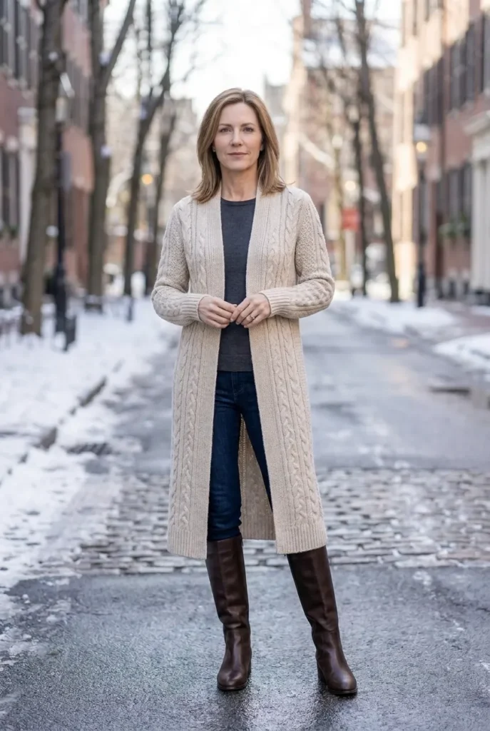 Long cardigan open — oatmeal beige Winter Outfits for women over 40